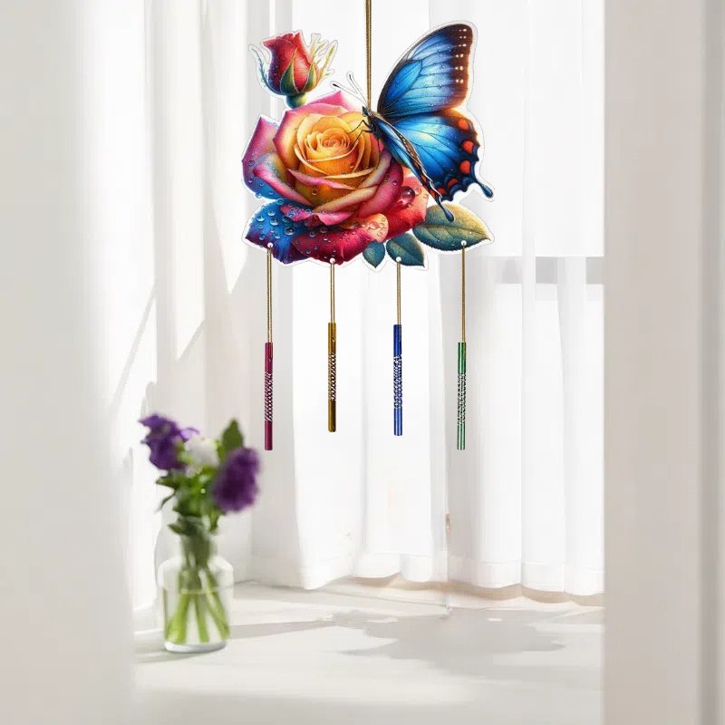 5d Crystal Diamond Painting Butterfly Rose Wind Chime Diamond Painting Kits DIY Decor Pendant Diamond Painting Wind Chimes
