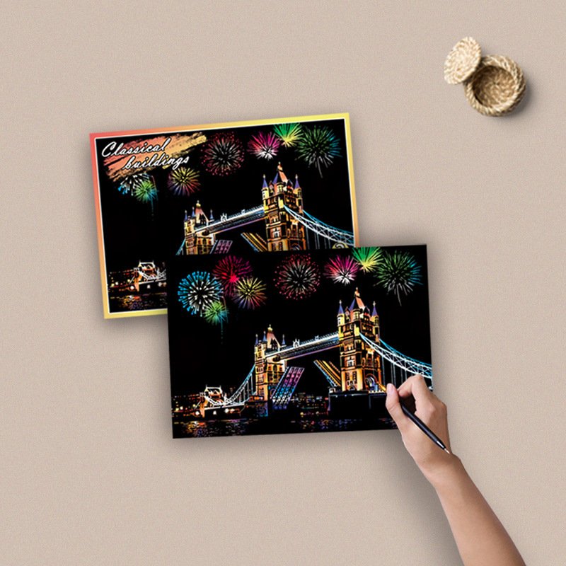 4pcs Night View Firework Famous Building DIY Art Craft Sketch Pads Paper Rainbow Scratch Painting
