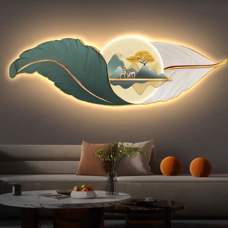 Feather mural with light diamond paintings laser engraving crystal porcelain painting wall art home decor