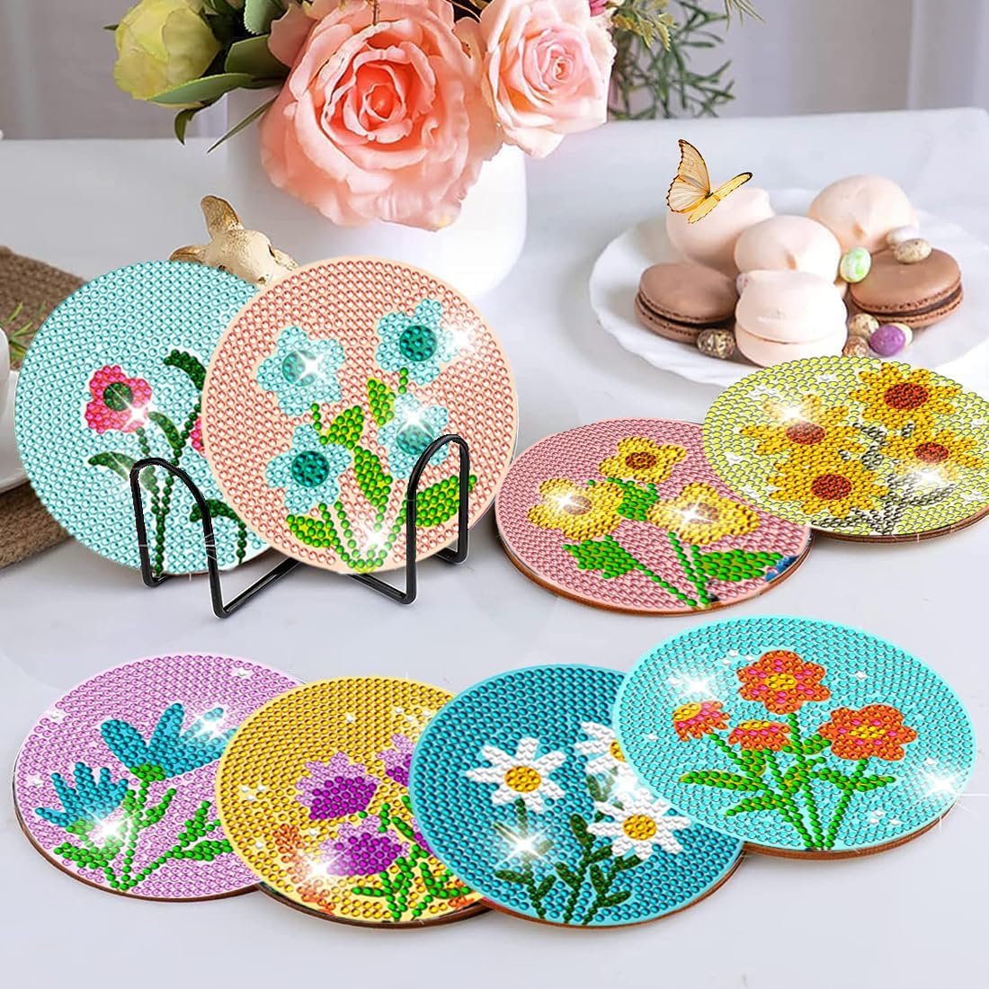 Diamond Painting Flowers Coasters Kit 8 Pieces Diamond Art Sunflower Coasters Diamond Art Kits For Adults