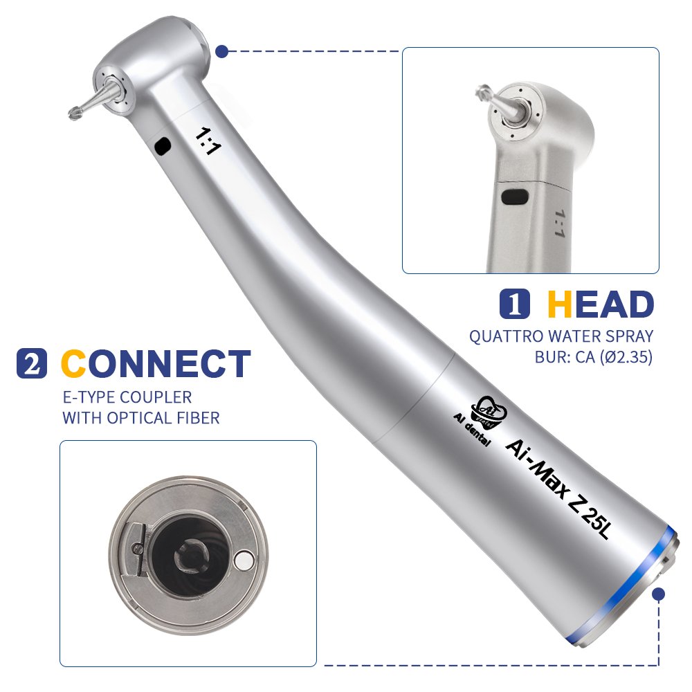 Z25L Dental Equipment 1:1 Contra Angle Low Speed Handpiece Fiber Optic LED Quattro Internal Water Spray Push Button Blue Ring
