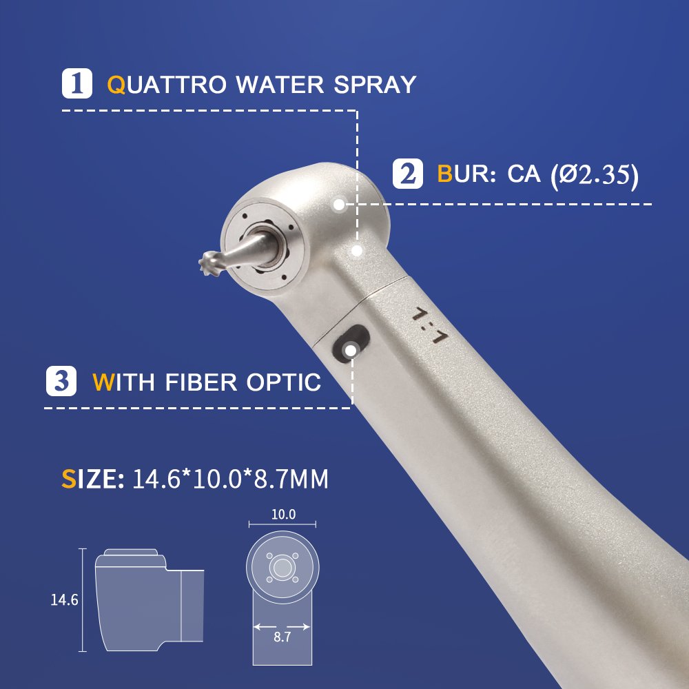 Z25L Dental Equipment 1:1 Contra Angle Low Speed Handpiece Fiber Optic LED Quattro Internal Water Spray Push Button Blue Ring