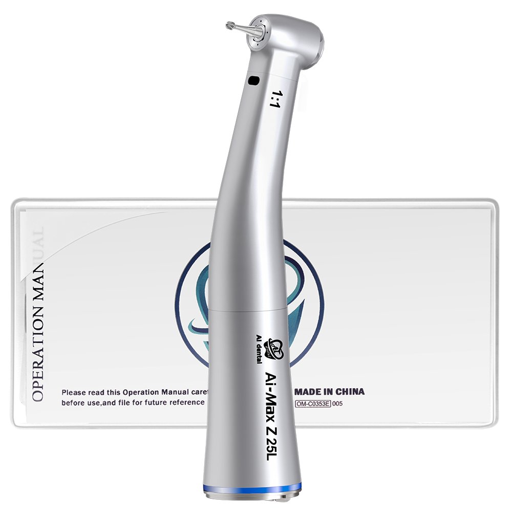 Z25L Dental Equipment 1:1 Contra Angle Low Speed Handpiece Fiber Optic LED Quattro Internal Water Spray Push Button Blue Ring