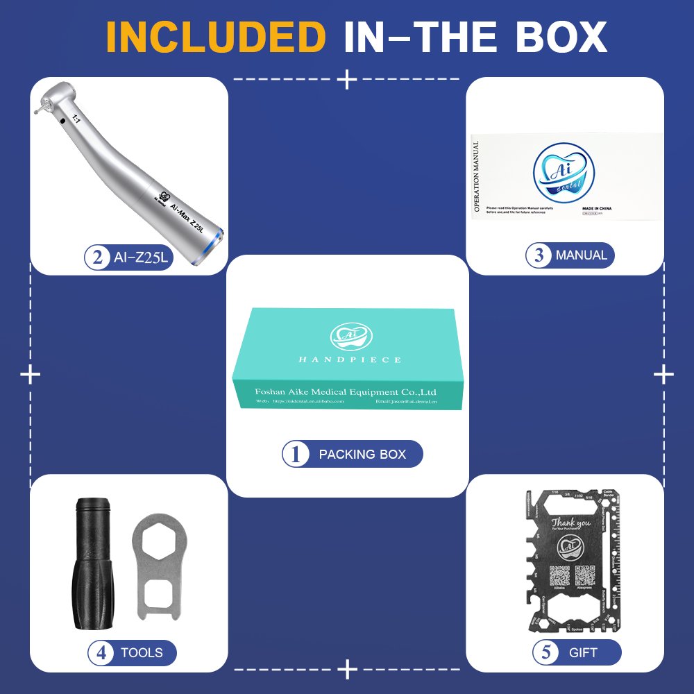 Z25L Dental Equipment 1:1 Contra Angle Low Speed Handpiece Fiber Optic LED Quattro Internal Water Spray Push Button Blue Ring