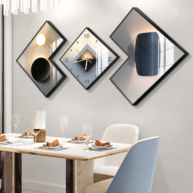 2024 new light luxury sense with wall clock restaurant triple decoration painting dining room table home decoration