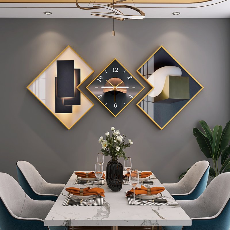 2024 new light luxury sense with wall clock restaurant triple decoration painting dining room table home decoration