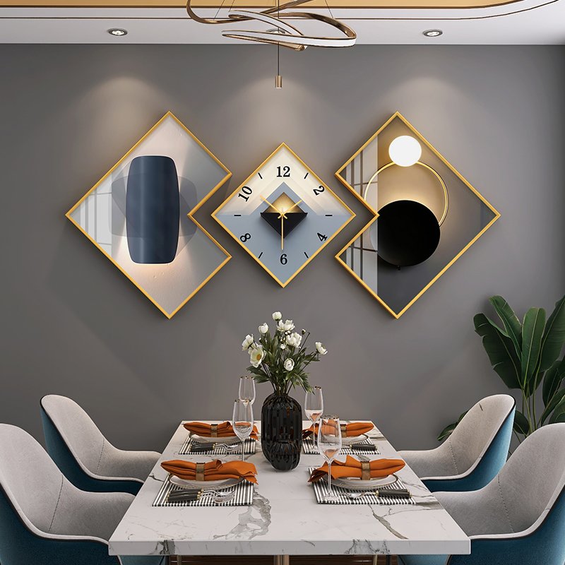 2024 new light luxury sense with wall clock restaurant triple decoration painting dining room table home decoration