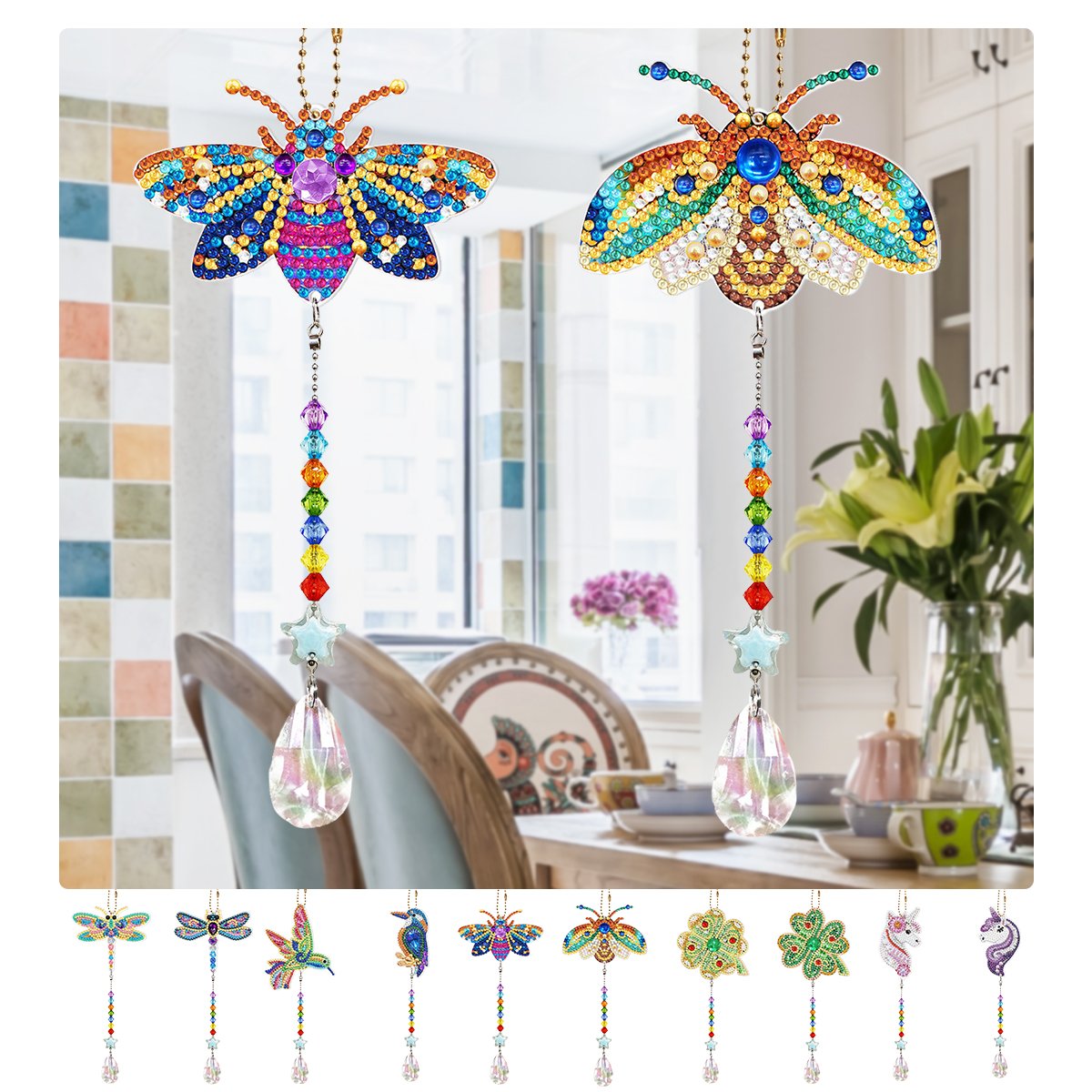 DIY Diamond Painting Wind Chime Pendant Art Rhinestone Colorful Butterfly Picture Hanging Wall Ornaments Home Decor Gifts