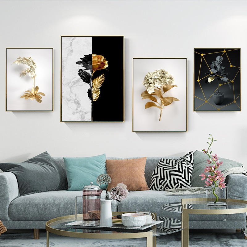 3D HD printing Crystal porcelain painting with diamond Golden Flower Decorative Painting wall art for Home Decor