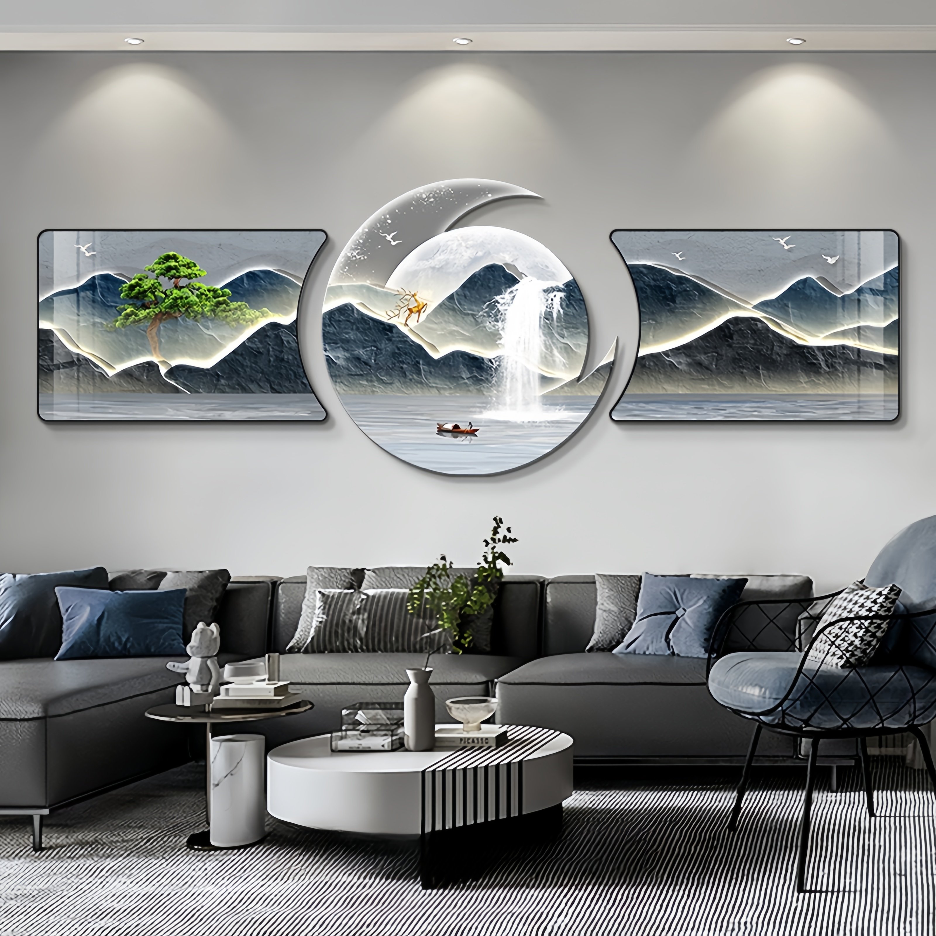 Modern Simple Living Room Decorative Triptych Crystal Porcelain Diamond Painting Sofa Background Wall Hanging Wall Art