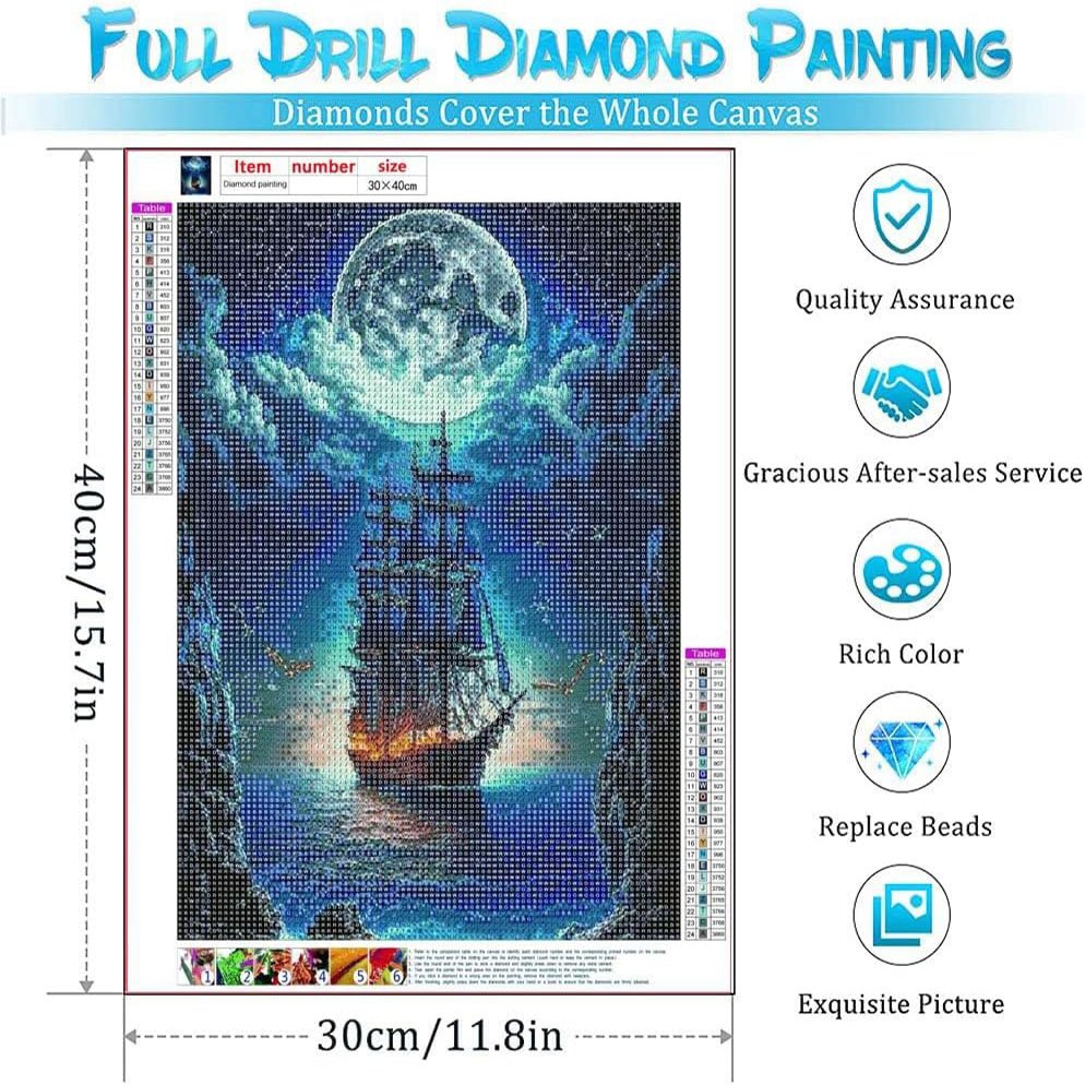 5D Landscape Diamond Painting Set for Beginners, DIY Steamboat Moon, Full Round Diamond Home Wall Decoration 11.8x15.7 inches