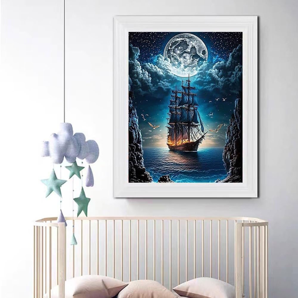 5D Landscape Diamond Painting Set for Beginners, DIY Steamboat Moon, Full Round Diamond Home Wall Decoration 11.8x15.7 inches