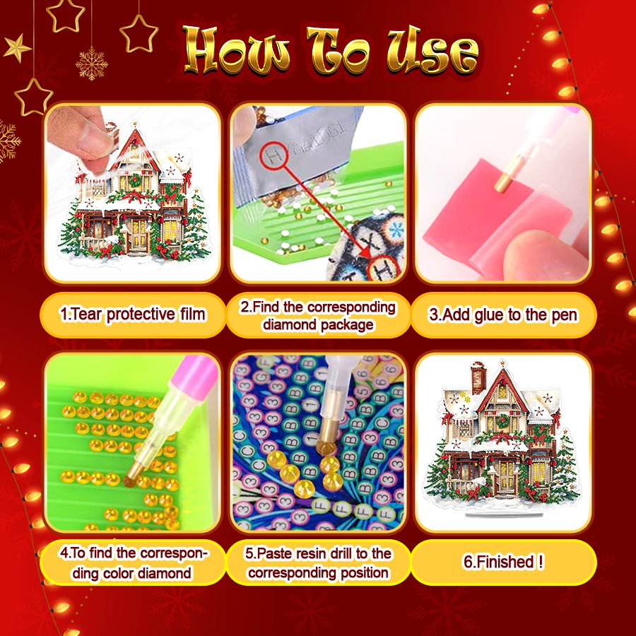 DIY 5D Handpainted Christmas Wooden House Diamond Painting Tabletop Decor Special Shape Acrylic Diamond Painting Desk Ornament