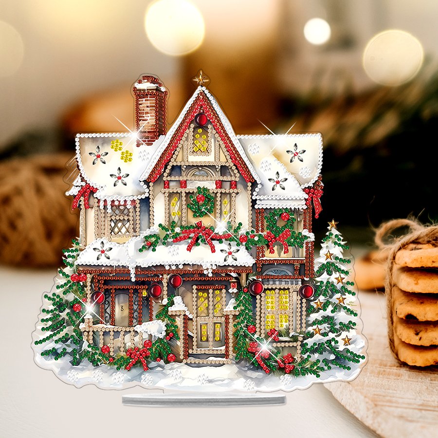 DIY 5D Handpainted Christmas Wooden House Diamond Painting Tabletop Decor Special Shape Acrylic Diamond Painting Desk Ornament