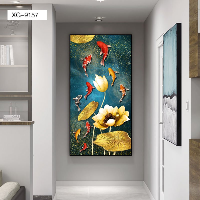 Koi Fish Carp Lotus Pond Crystal Porcelain Wall art Painting Living Room Gallery Wall Home Entrance Front Hall Decoration