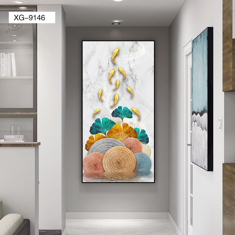 Koi Fish Carp Lotus Pond Crystal Porcelain Wall art Painting Living Room Gallery Wall Home Entrance Front Hall Decoration