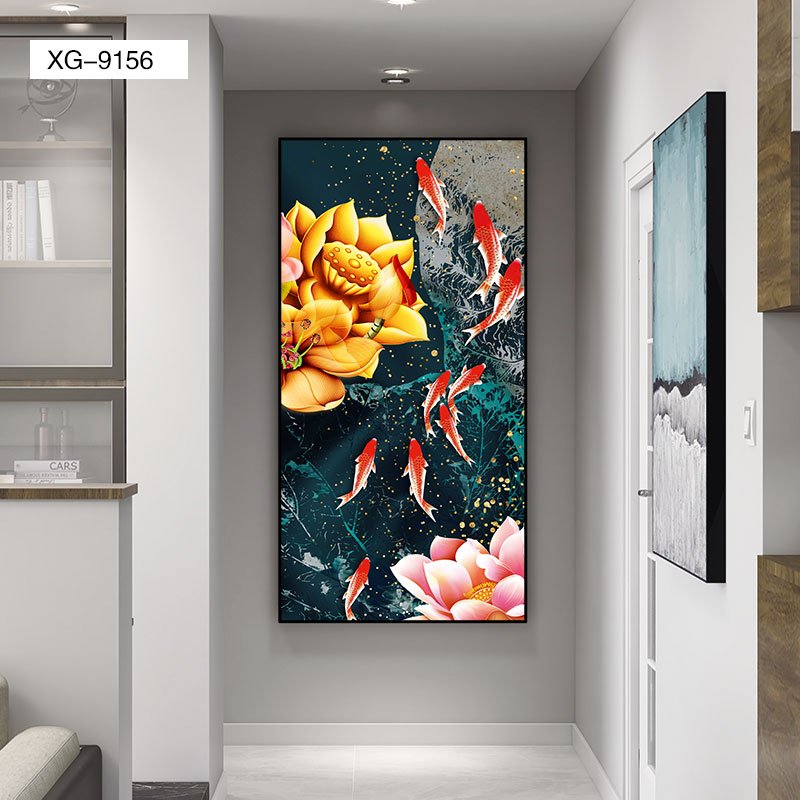 Koi Fish Carp Lotus Pond Crystal Porcelain Wall art Painting Living Room Gallery Wall Home Entrance Front Hall Decoration