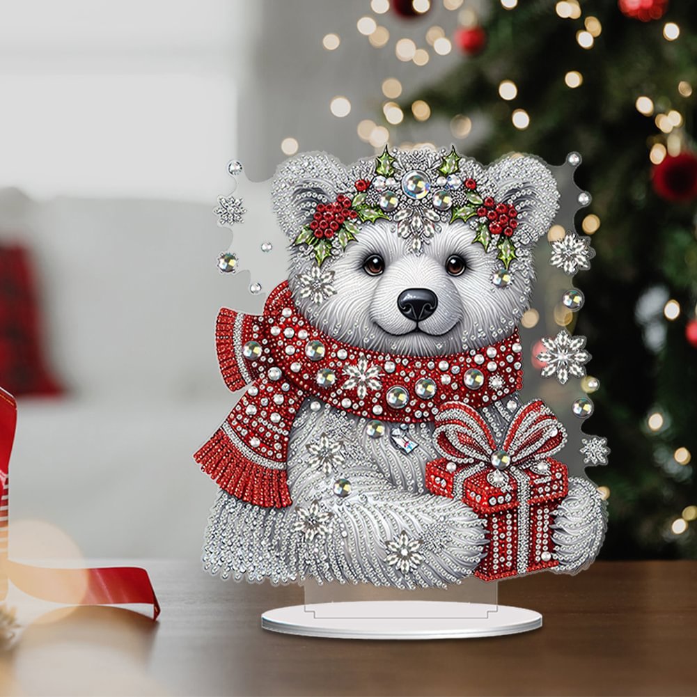 Acrylic Winter White Bear With Shining Stone 5D DIY Table Craft
