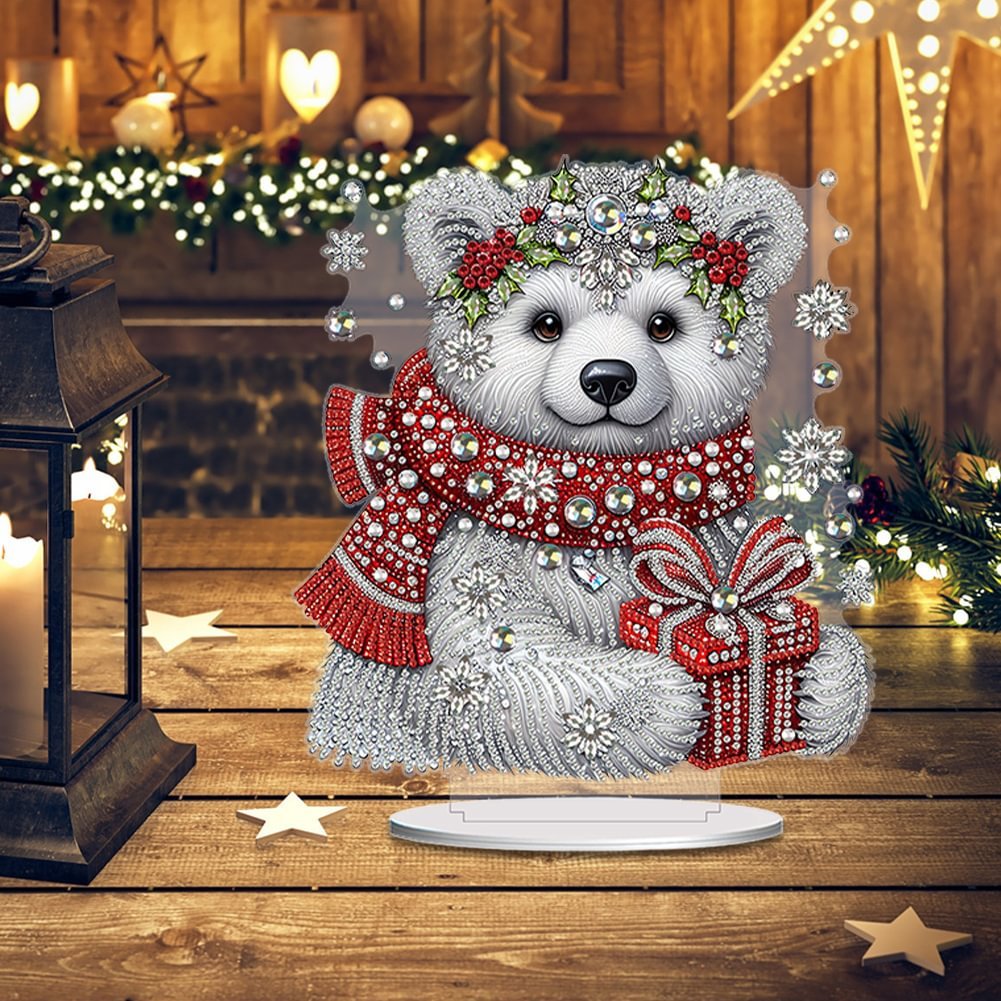 Acrylic Winter White Bear With Shining Stone 5D DIY Table Craft