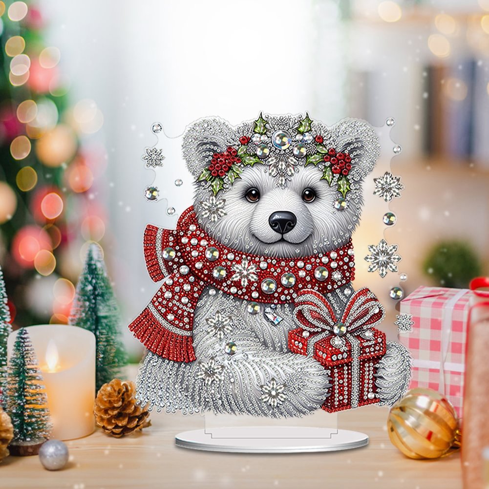 Acrylic Winter White Bear With Shining Stone 5D DIY Table Craft