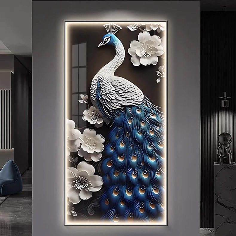 Modern light luxury entrance decoration crystal porcelain with diamonds wall art glass peacock diamond art paintings