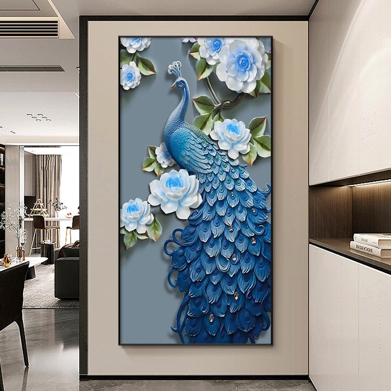Modern light luxury entrance decoration crystal porcelain with diamonds wall art glass peacock diamond art paintings