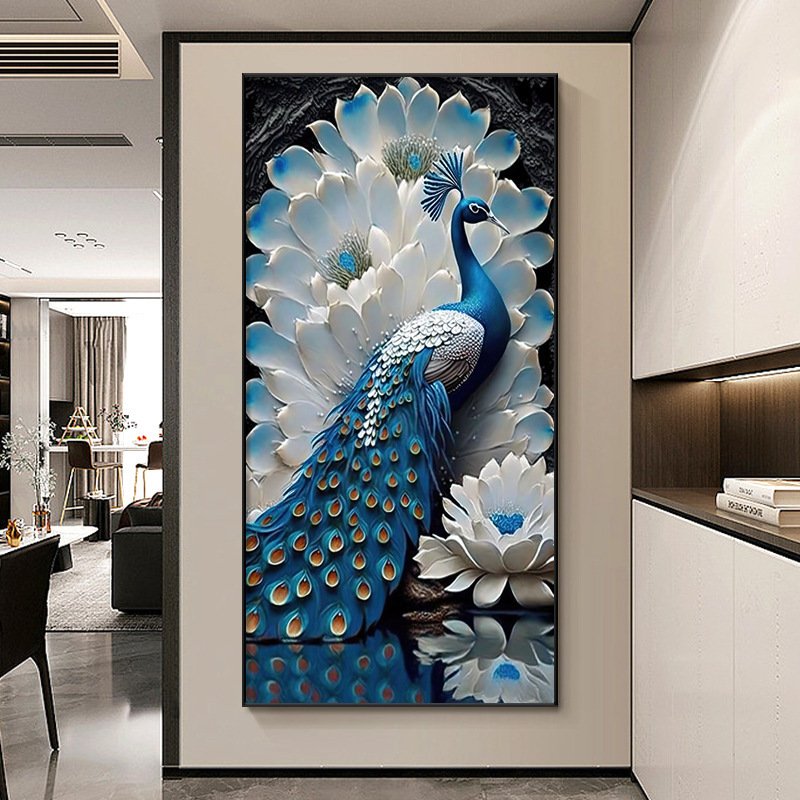 Modern light luxury entrance decoration crystal porcelain with diamonds wall art glass peacock diamond art paintings