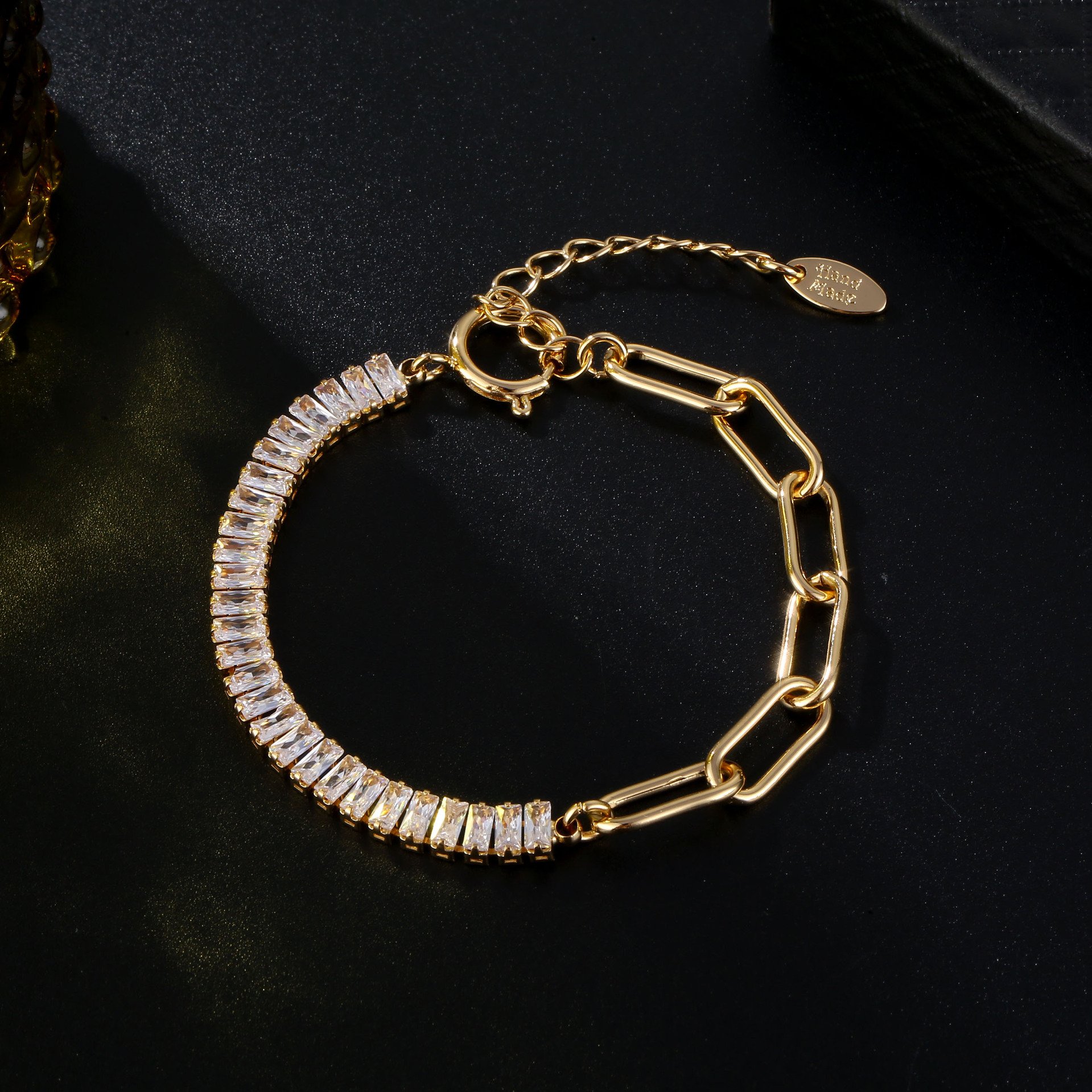 New Trendy 18k Gold Plated Stainless Steel Women Jewelry Baguette Diamond CZ Stone Iced Out Tennis Chain Bracelet