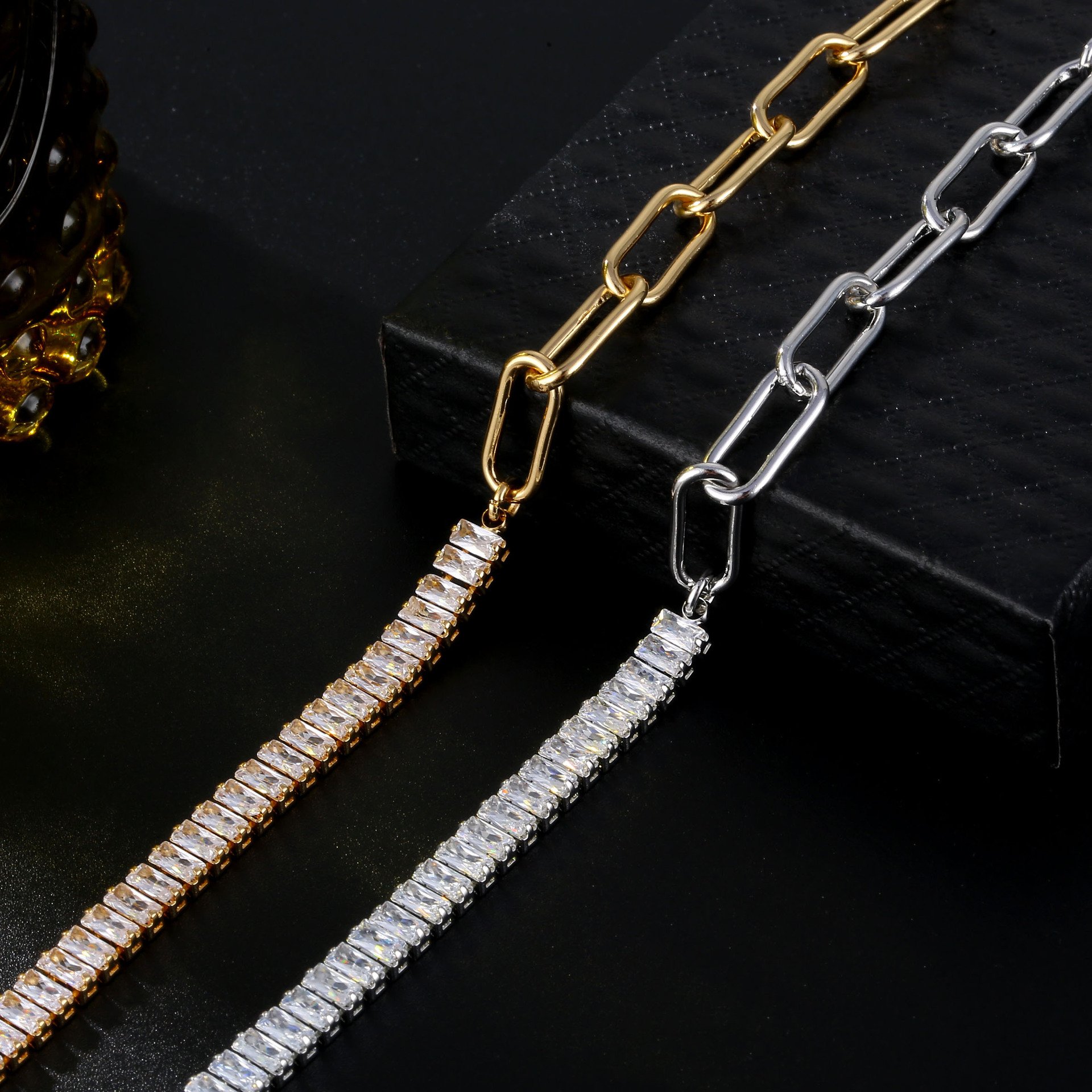 New Trendy 18k Gold Plated Stainless Steel Women Jewelry Baguette Diamond CZ Stone Iced Out Tennis Chain Bracelet