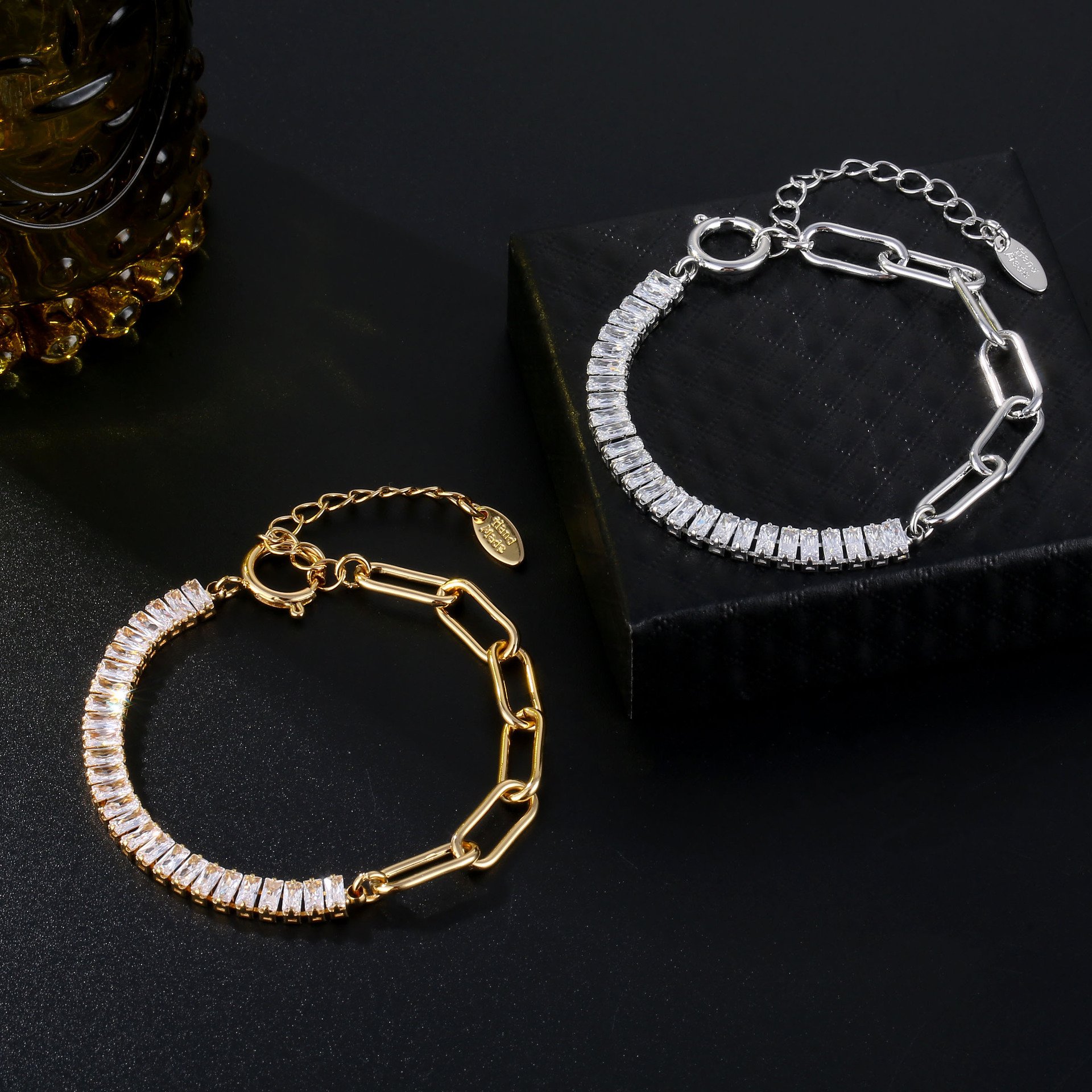New Trendy 18k Gold Plated Stainless Steel Women Jewelry Baguette Diamond CZ Stone Iced Out Tennis Chain Bracelet