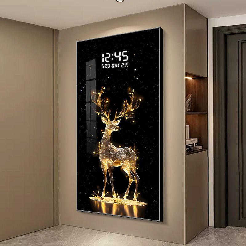 high quality luxury lights diamond crystal porcelain animal pictures luxury modern led light deer clock wall painting art