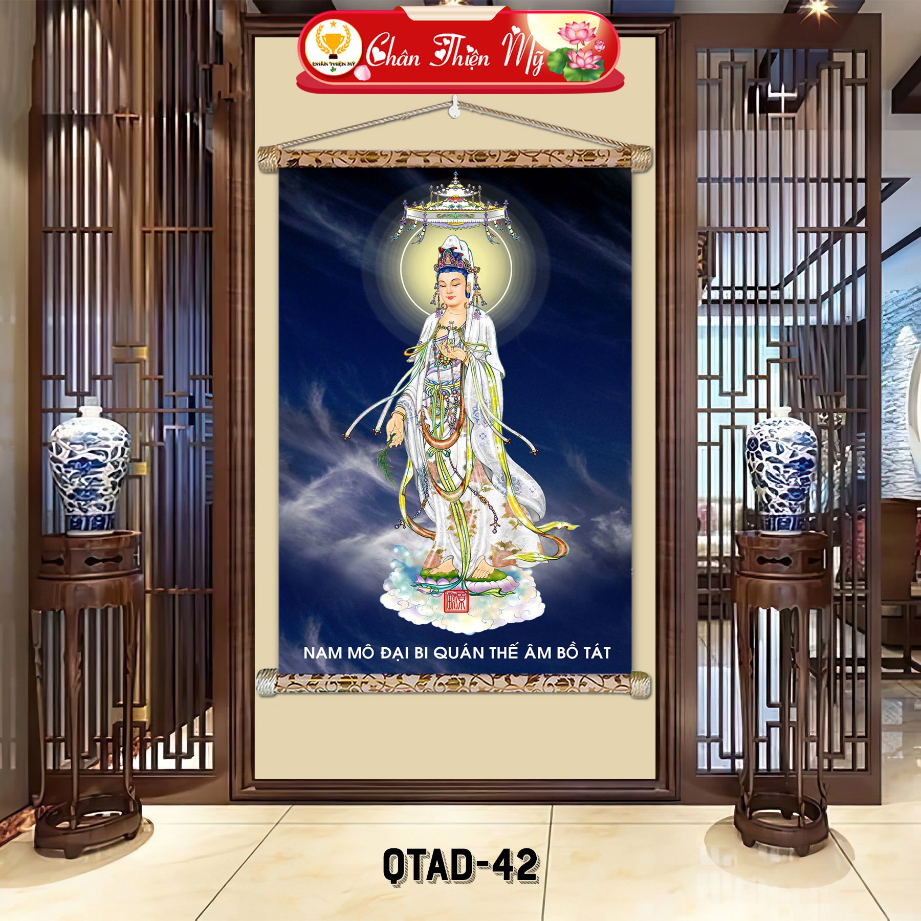 Vietnamese manufacturer of scroll canvas paintings of Guanyin standing printed on request cheap price