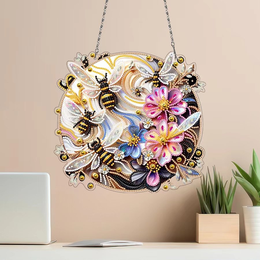 DIY 5D Handpainted Diamond Painting Pendant Bees Flower Special Shaped Diamond Home Decor Hanging Ornament