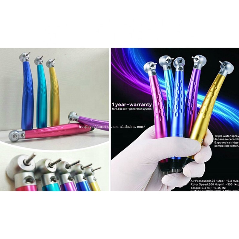 Colored Dental 3 Point Water Spray Surgical Handpiece LED Optic Fiber Air Turbine High Speed Handpiece contra angle 2/4 holes