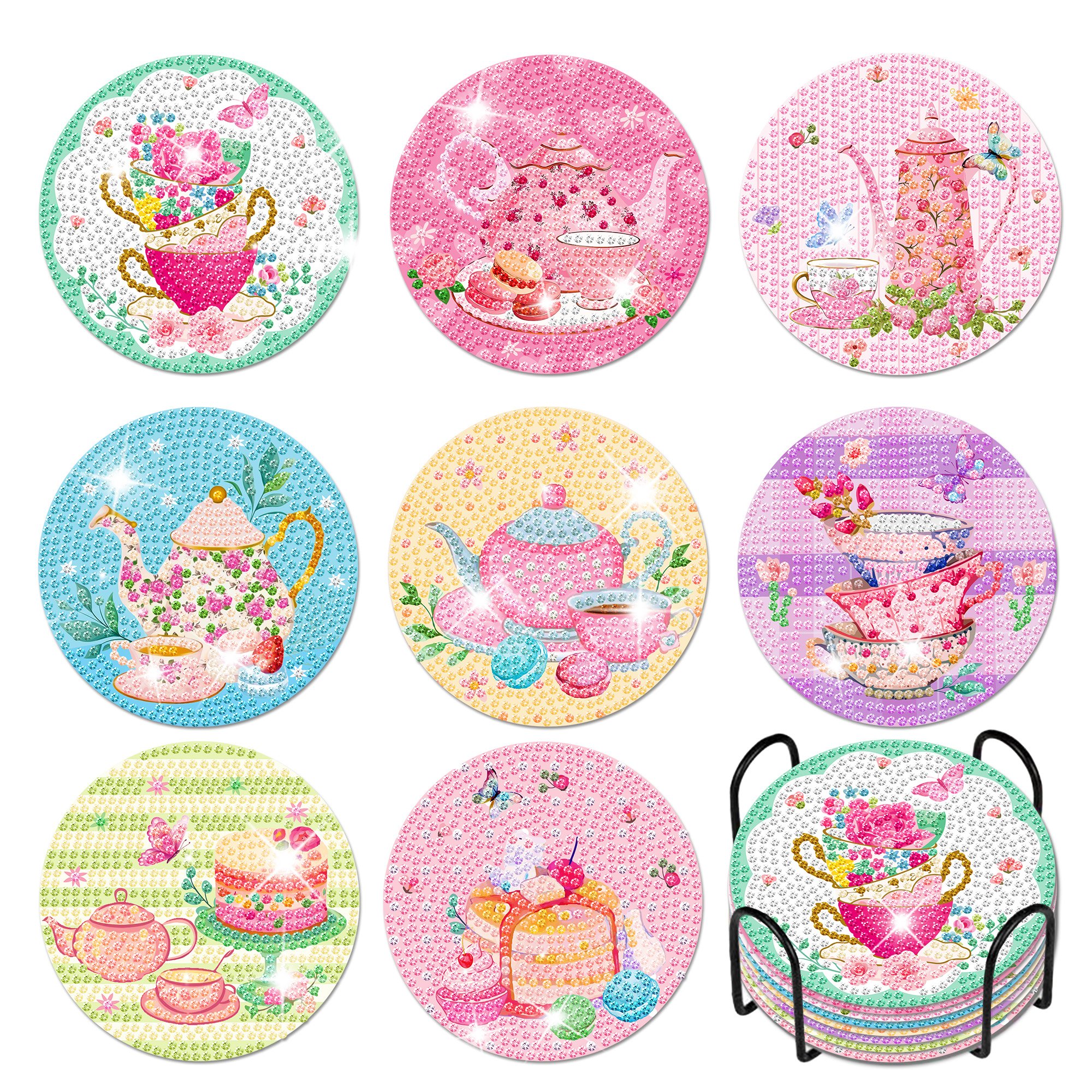 TH022 Tea Party Diamond Painting Coasters DIY Diamond Painting Kits with Holder for Girls Birthday Party