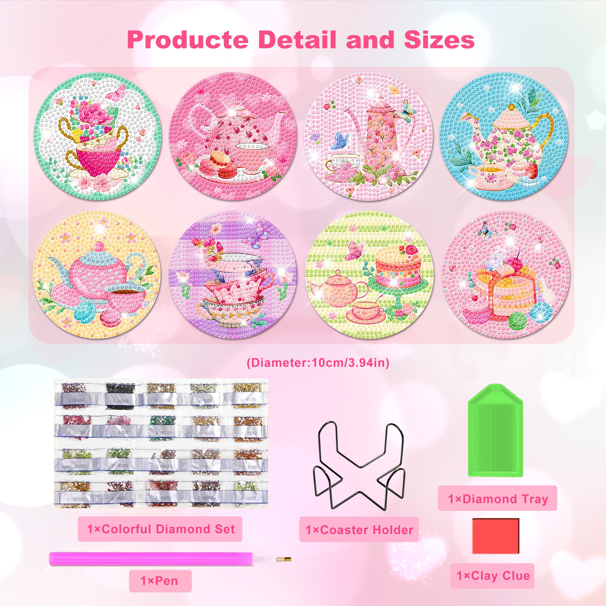 TH022 Tea Party Diamond Painting Coasters DIY Diamond Painting Kits with Holder for Girls Birthday Party