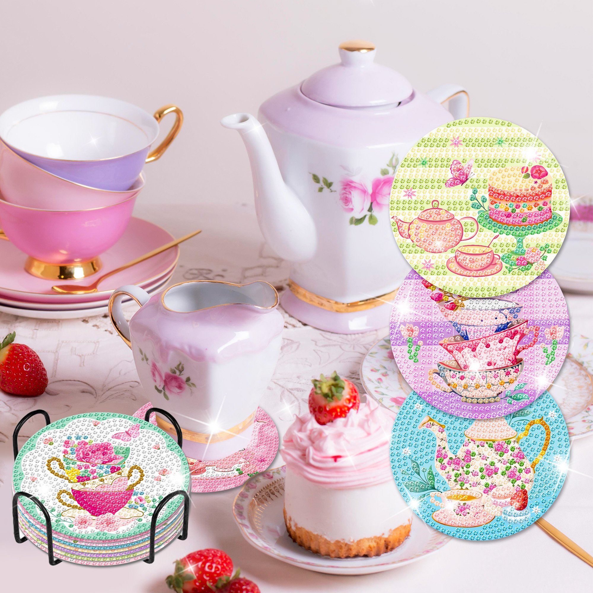 TH022 Tea Party Diamond Painting Coasters DIY Diamond Painting Kits with Holder for Girls Birthday Party