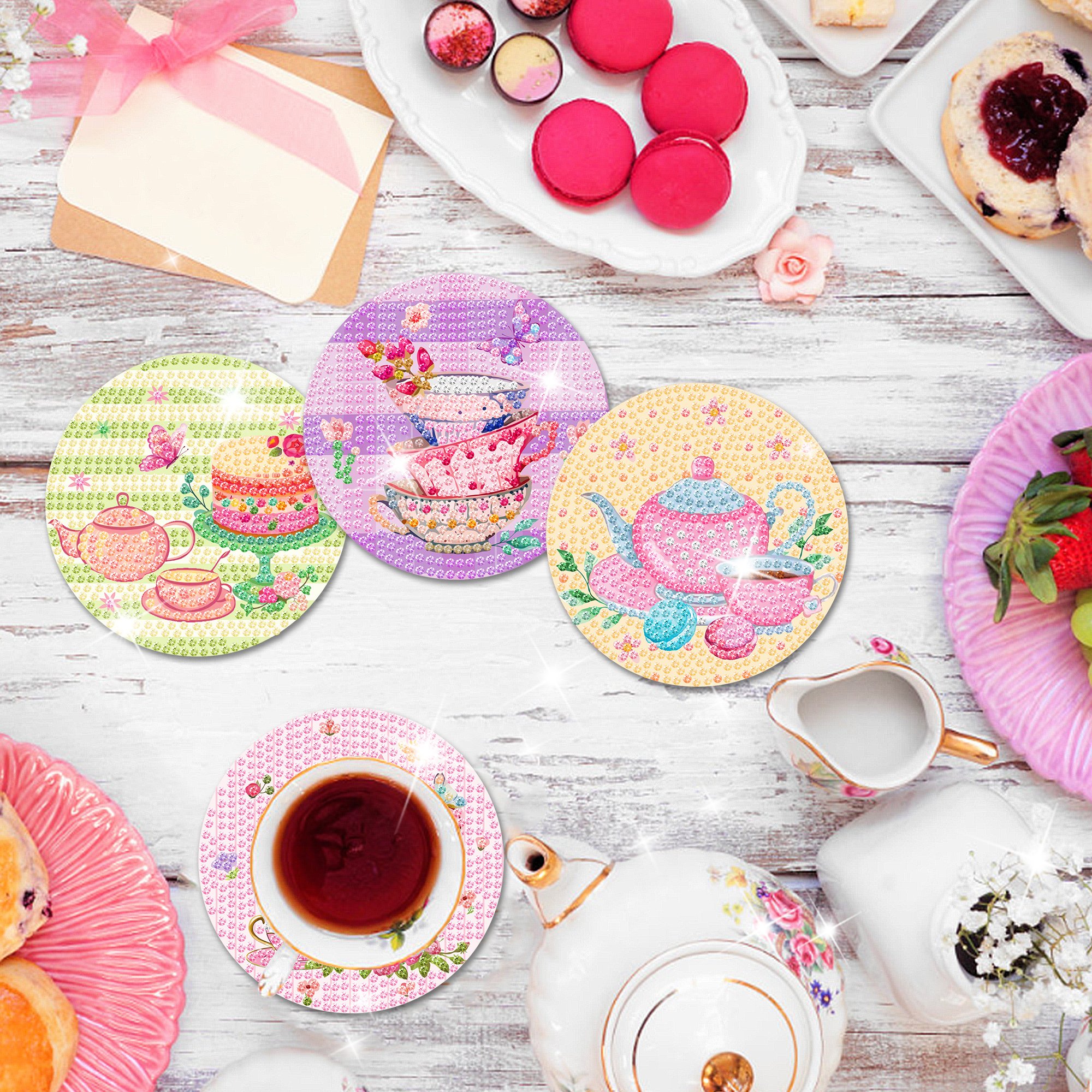 TH022 Tea Party Diamond Painting Coasters DIY Diamond Painting Kits with Holder for Girls Birthday Party