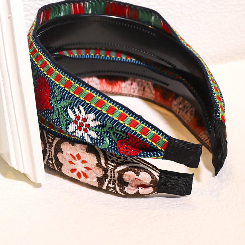 Fashion Boho Ethnic Flower Embroidery Headband Anti Slip Wide Hair Band Women Fine Jewelry Accessory Hair Decoration