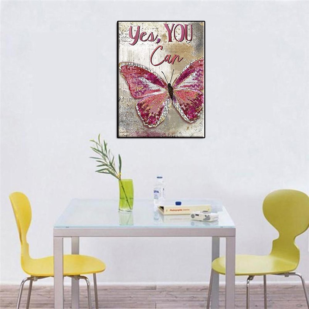 5d Diamond Painting Yes You Can Home Wall Art Decor Diy Full Round Drill Diamond Embroidery Hanging Picture Pink Butterfly