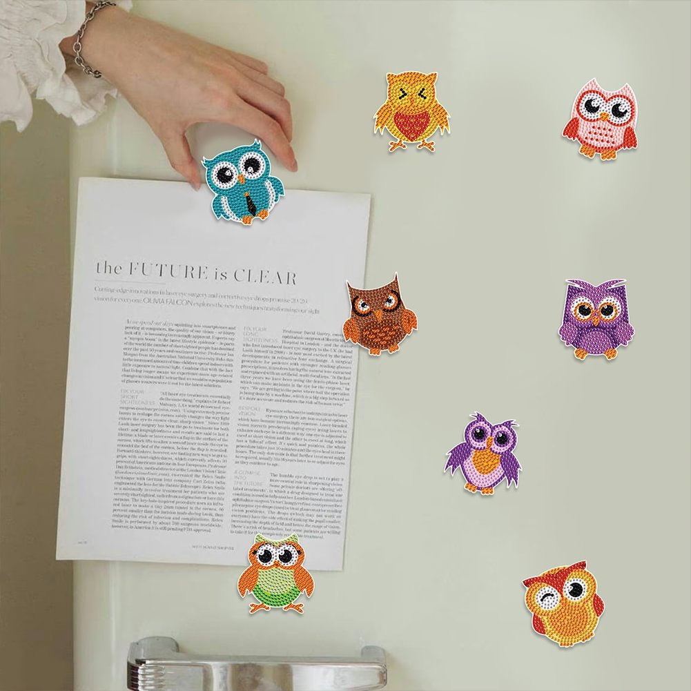 8Pcs Diamond Painting Owl Fridge Stickers 5D DIY Craft Magnet