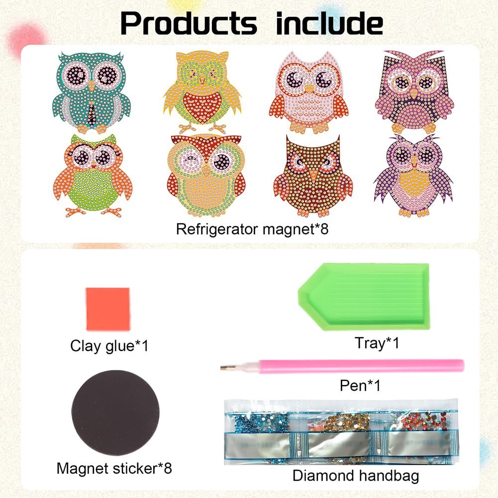 8Pcs Diamond Painting Owl Fridge Stickers 5D DIY Craft Magnet
