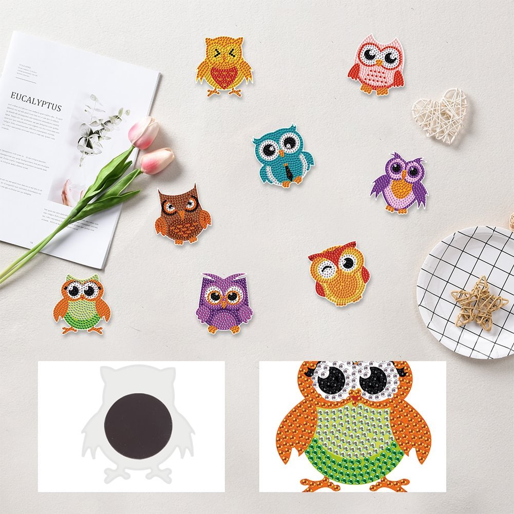 8Pcs Diamond Painting Owl Fridge Stickers 5D DIY Craft Magnet