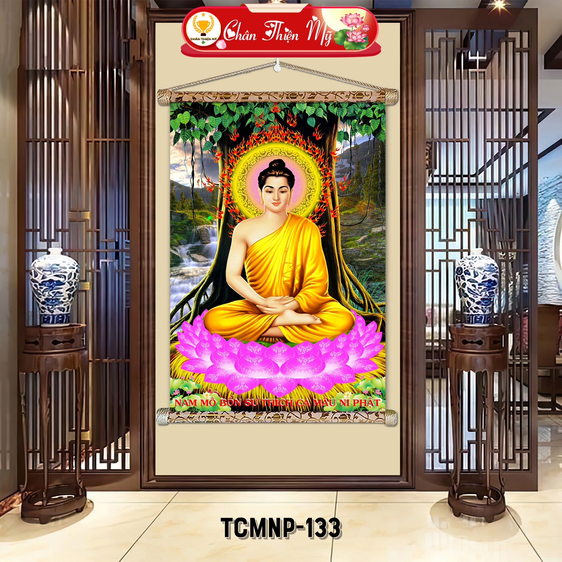 Wall Art modern Printed Sitting Shakyamuni Buddha Scroll Canvas Painting