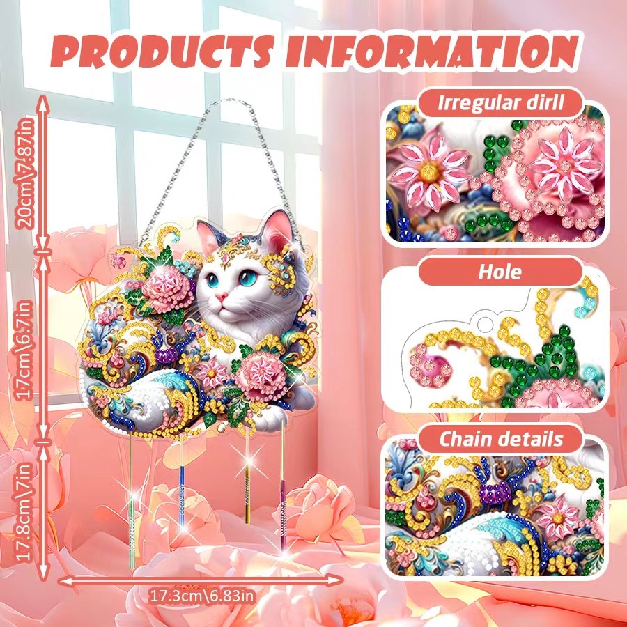 DIY Acrylic Cat Flower Diamond Painting Irregular Pendant Special Shape Drill Diamond Painting Hanging Home Ornament Wind Chime