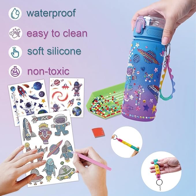Decorate Your Own Water Bottle Kit for Boys Girls Gem Diamond Painting Arts & Crafts Gifts for Kids Birthday Colored Astronauts