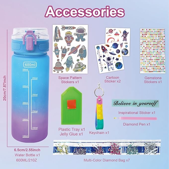 Decorate Your Own Water Bottle Kit for Boys Girls Gem Diamond Painting Arts & Crafts Gifts for Kids Birthday Colored Astronauts