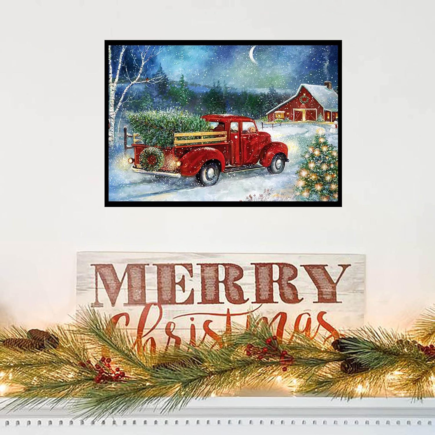 Christmas Diamond Painting Kit Cartoon Winter Snowy Night Painting Red Truck Round Diamond Wall Decoration house accessories