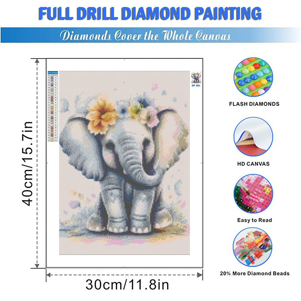 5D DIY Diamond Painting Kit Creative Printed Full Diamond Art by Number Embroidery for Wall Decor Elephant without Frame