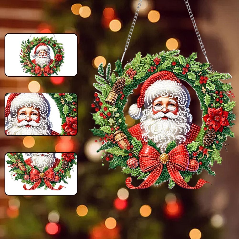 Home Decoration DIY Santa Claus Diamond Painting Hanging Ornament Christmas Wreath Special Shaped 5D Acrylic Diamond Pendant